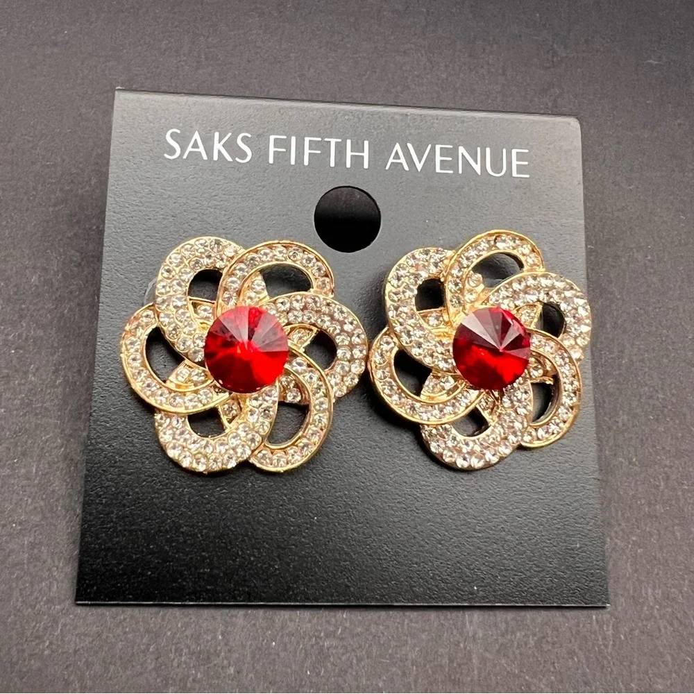 Saks Fifth Avenue Gold and Red Floral Earrings